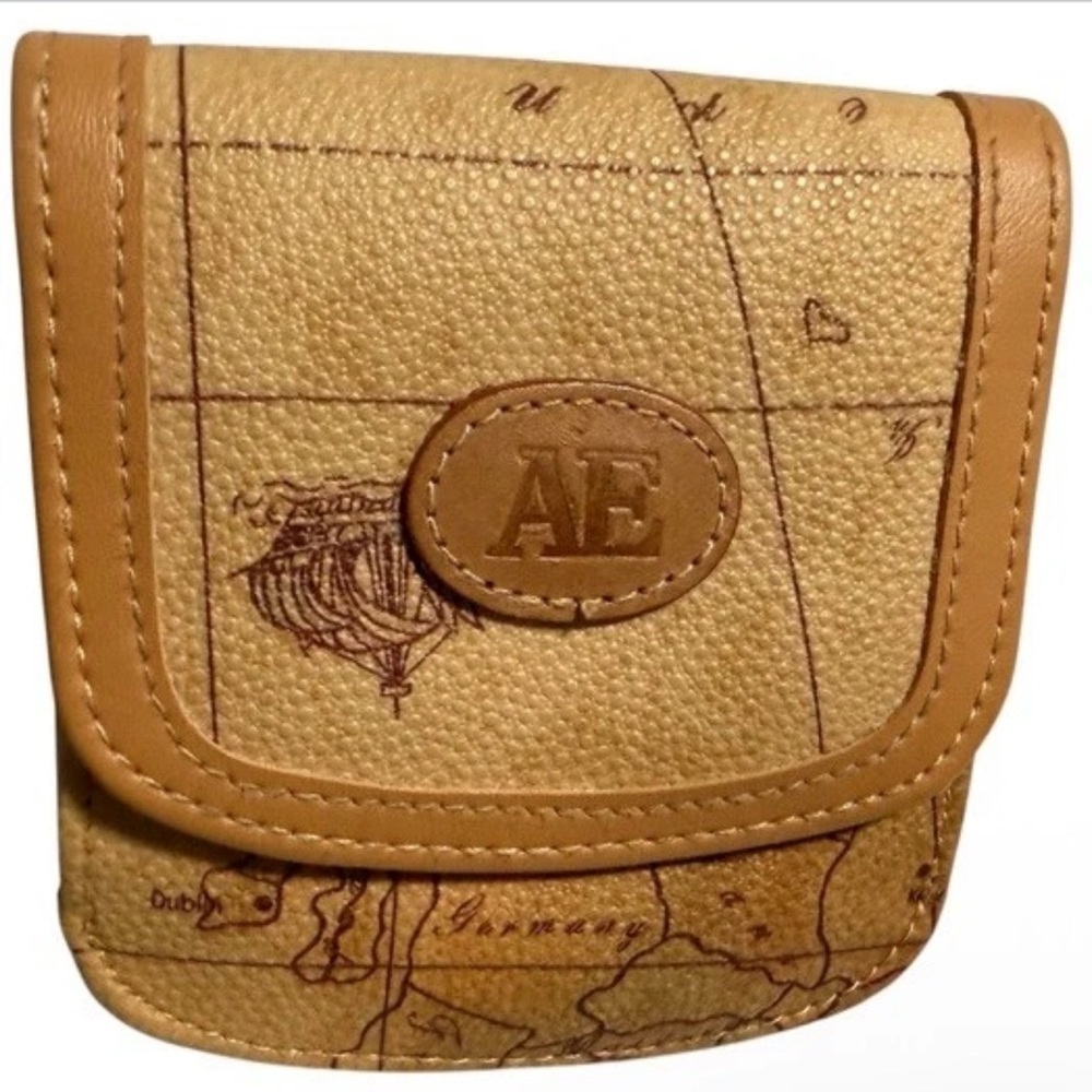 AE Allan Edward Map Print Geo Bifold Compact Wallet Leather Trim Tan